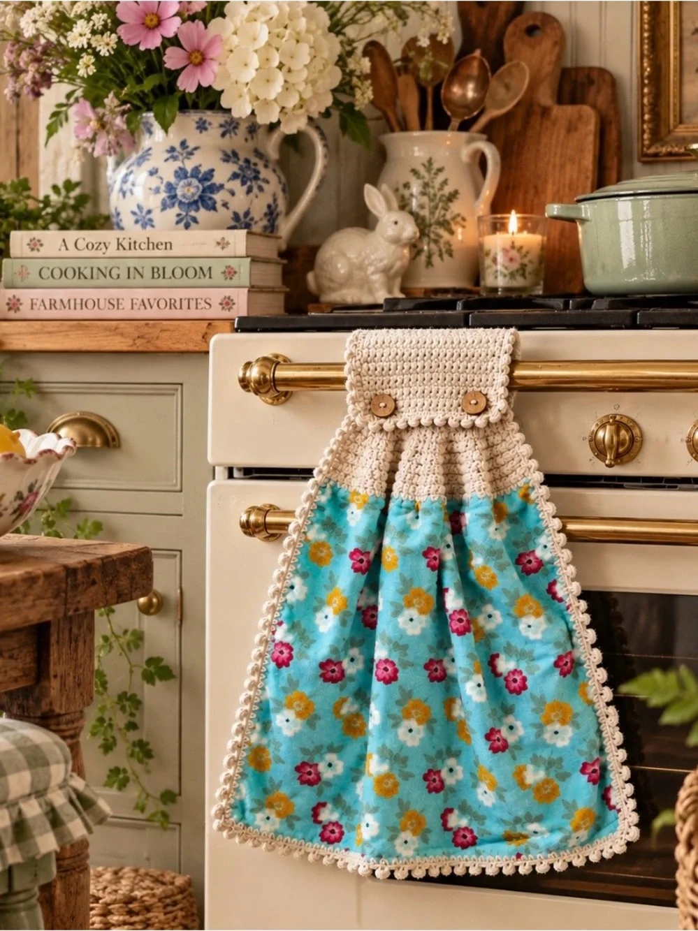 Handmade Pioneer Woman Turquoise Floral Crochet Hanging Kitchen Towel